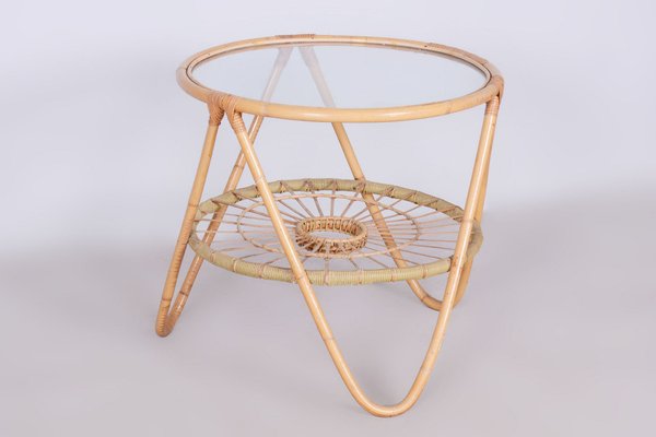 Small Mid-Century Table in Rattan & Glass by Alan Fuchs for Uluv, Former Czechoslovakia, 1940s-WHY-1723699