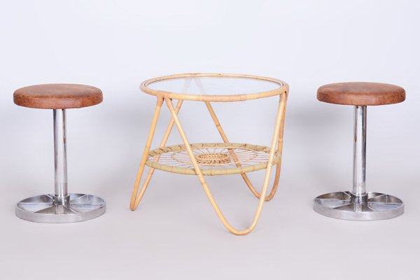 Small Mid-Century Table in Rattan & Glass by Alan Fuchs for Uluv, Former Czechoslovakia, 1940s-WHY-1723699