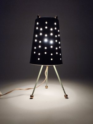 Small Mid-Century Tripod Table Lamp with Perforated Metal Shade, 1950-SFQ-1806242