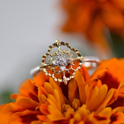 Small Modern Ring in 18 Karat Yellow White Arabesque with Diamonds-OLU-1315800