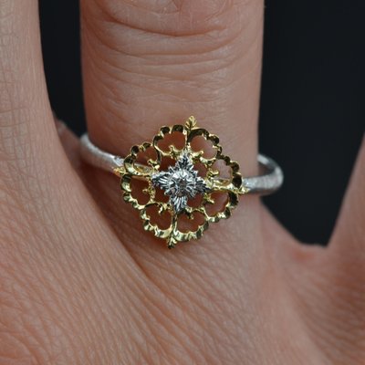 Small Modern Ring in 18 Karat Yellow White Arabesque with Diamonds-OLU-1315800