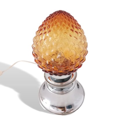 Small Modernist Chromed Metal Amber Glass Pine Cone Table Lamp, 1960s-SCS-1137374