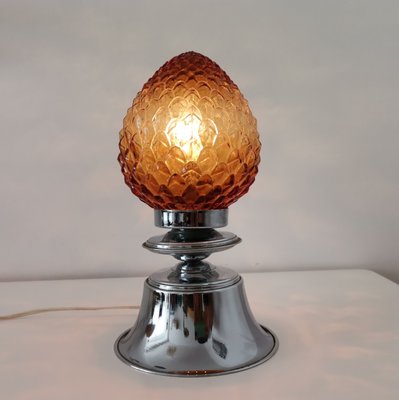 Small Modernist Chromed Metal Amber Glass Pine Cone Table Lamp, 1960s-SCS-1137374