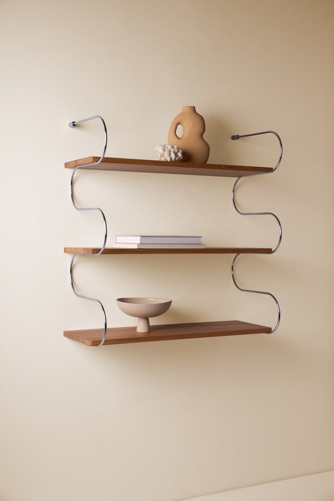 Small Onda Shelf in Oak and Chrome by Schneid Studio