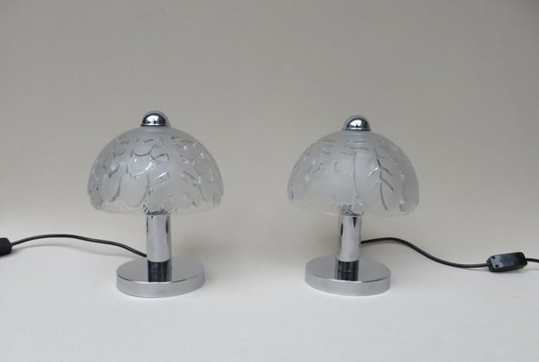 Small Pressed Glass and Chrome Mushroom Table Lamps from Peill & Putzler, 1970s, Set of 2-EY-666495