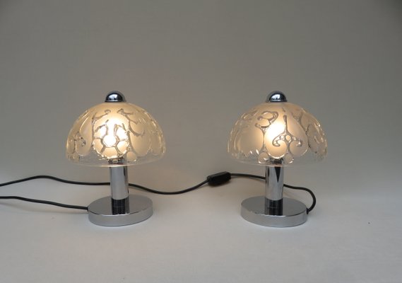 Small Pressed Glass and Chrome Mushroom Table Lamps from Peill & Putzler, 1970s, Set of 2-EY-666495