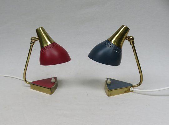 Small Red and Blue Brass Bedside Table Lights, 1950s, Set of 2-EY-1115250