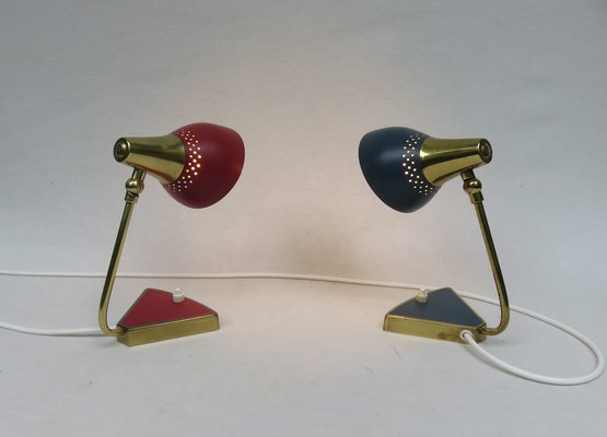 Small Red and Blue Brass Bedside Table Lights, 1950s, Set of 2-EY-1115250