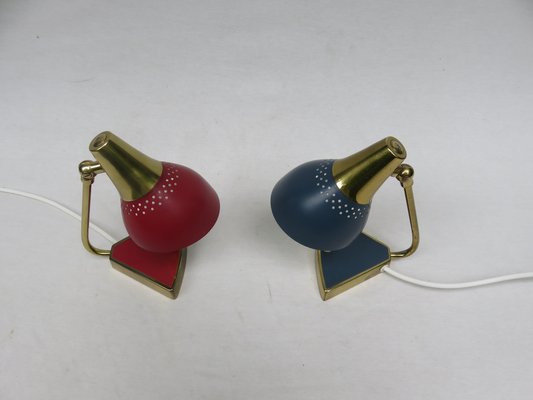 Small Red and Blue Brass Bedside Table Lights, 1950s, Set of 2-EY-1115250