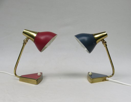 Small Red and Blue Brass Bedside Table Lights, 1950s, Set of 2-EY-1115250