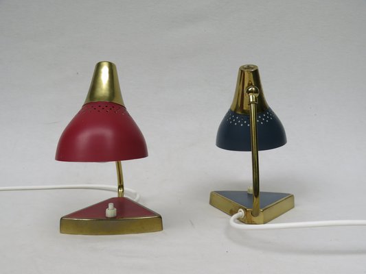 Small Red and Blue Brass Bedside Table Lights, 1950s, Set of 2-EY-1115250