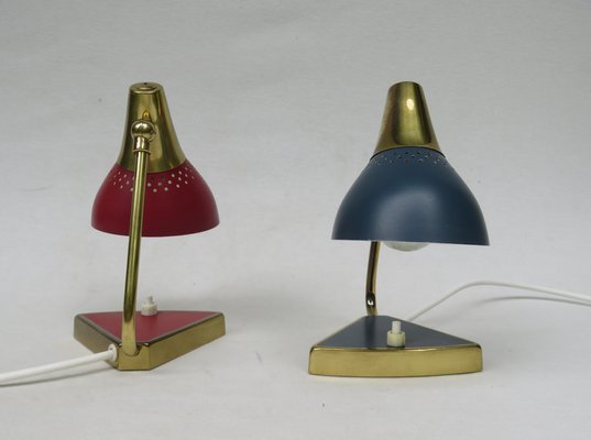 Small Red and Blue Brass Bedside Table Lights, 1950s, Set of 2-EY-1115250