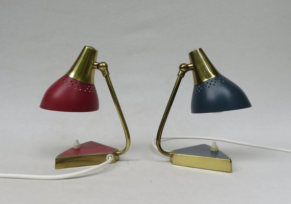 Small Red and Blue Brass Bedside Table Lights, 1950s, Set of 2-EY-1115250