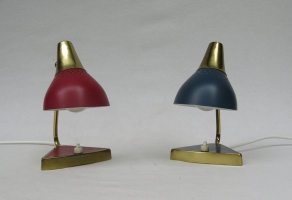 Small Red and Blue Brass Bedside Table Lights, 1950s, Set of 2-EY-1115250