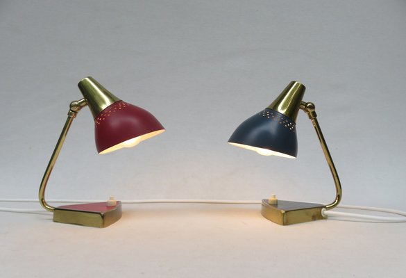 Small Red and Blue Brass Bedside Table Lights, 1950s, Set of 2-EY-1115250