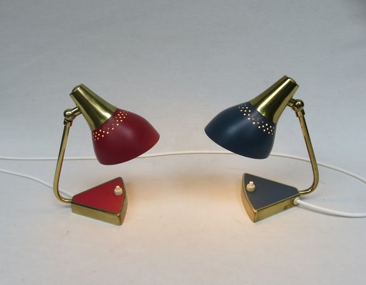 Small Red and Blue Brass Bedside Table Lights, 1950s, Set of 2-EY-1115250