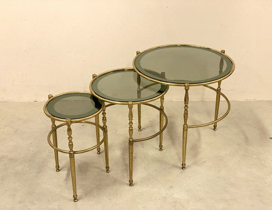 Small Round Nesting Tables in Brass Frame & Glass Tops with Mirrored Border, 1970s, Set of 3