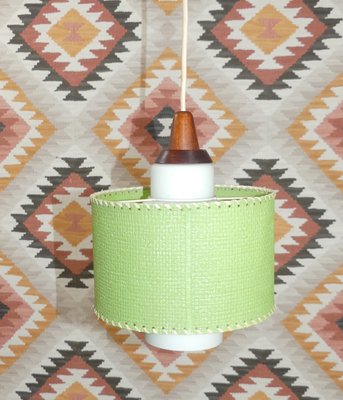 Small Teak Opal Umbrella Mind Green Hanging Ceiling Lamp, 1960s-AFE-1348133