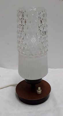 Small Vintage Black Metal and Teak Veneer Table Lamp with White Clear Glass Shade, 1970s-HOI-736959