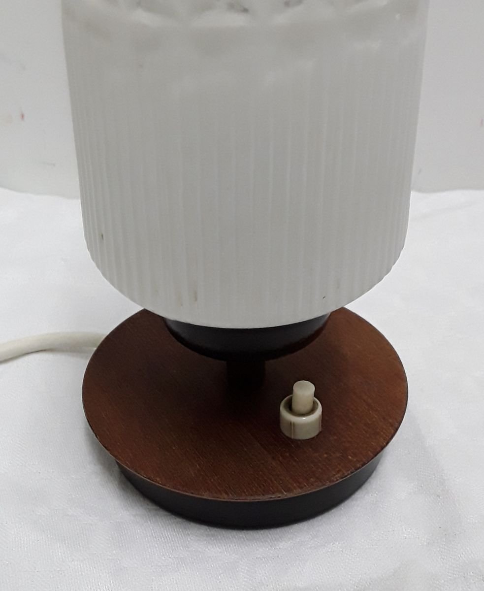 Small Vintage Black Metal and Teak Veneer Table Lamp with White Clear Glass Shade, 1970s