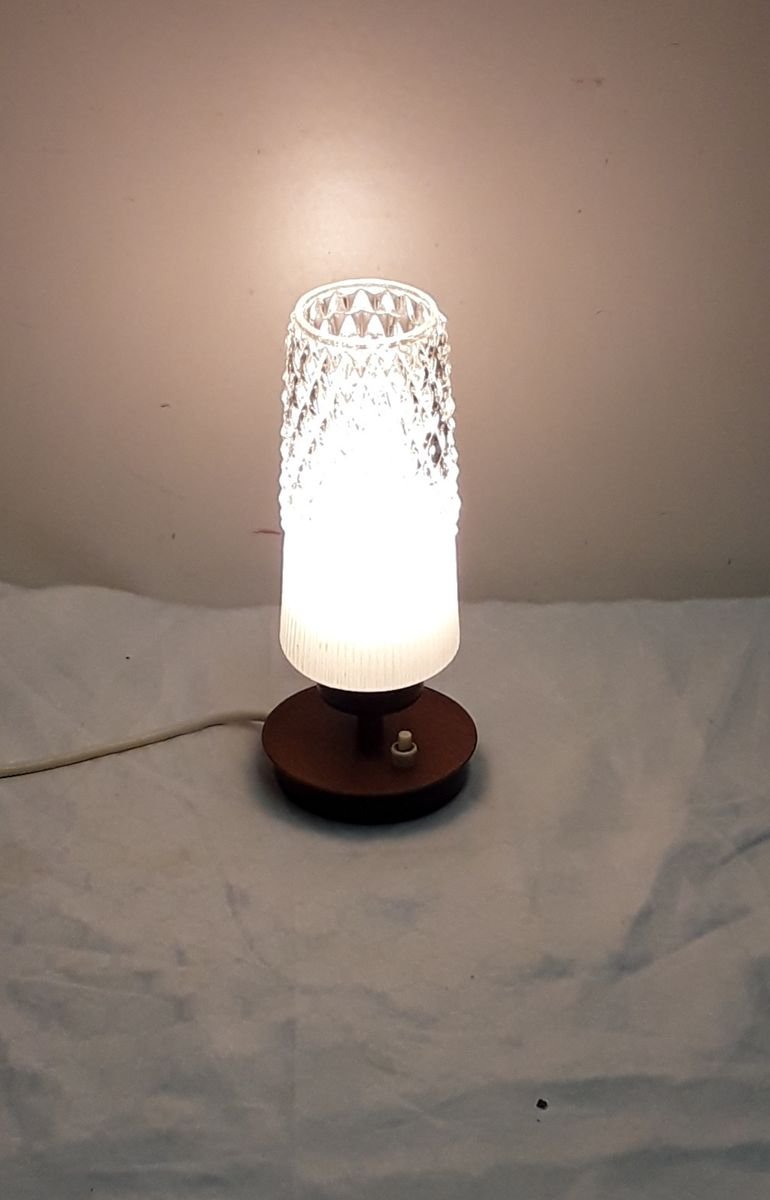 Small Vintage Black Metal and Teak Veneer Table Lamp with White Clear Glass Shade, 1970s