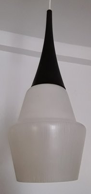 Small Vintage Ceiling Lamp with Black Plastic Mount & Geometrically Patterned Glass Shade, 1960s-HOI-935750