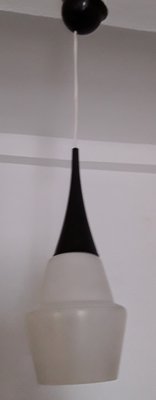 Small Vintage Ceiling Lamp with Black Plastic Mount & Geometrically Patterned Glass Shade, 1960s-HOI-935750