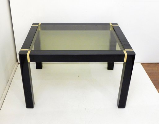 Small Vintage Coffee Table in Black Lacquered Wood & Gold Metal, Smoked Glass Tray, 1970s-RNR-1794663