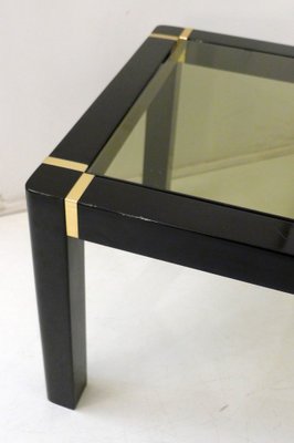 Small Vintage Coffee Table in Black Lacquered Wood & Gold Metal, Smoked Glass Tray, 1970s-RNR-1794663