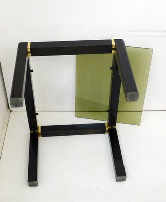 Small Vintage Coffee Table in Black Lacquered Wood & Gold Metal, Smoked Glass Tray, 1970s-RNR-1794663