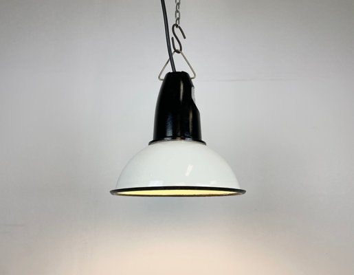 Small Vintage Soviet Industrial Pendant Light in White Enamel, 1960s-CGF-1350997