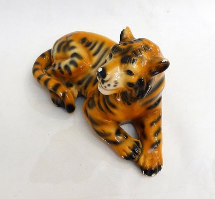 Small Vintage Tiger Sculpture in Polychrome Plaster, 1970s-RNR-1814571