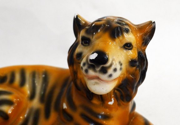 Small Vintage Tiger Sculpture in Polychrome Plaster, 1970s-RNR-1814571