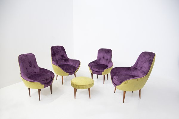 Small Vintage Wooden Armchairs & Pouf in Purple and Green Velvet, Set of 3-RCE-1251316