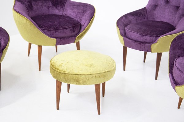 Small Vintage Wooden Armchairs & Pouf in Purple and Green Velvet, Set of 3-RCE-1251316