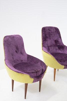 Small Vintage Wooden Armchairs & Pouf in Purple and Green Velvet, Set of 3-RCE-1251316