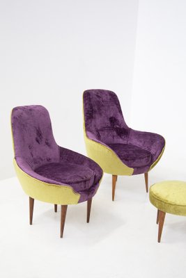 Small Vintage Wooden Armchairs & Pouf in Purple and Green Velvet, Set of 3-RCE-1251316