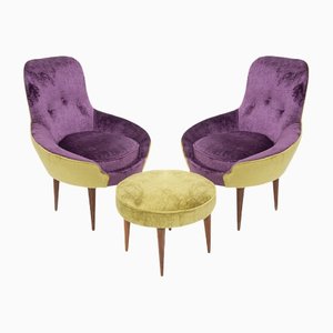 Small Vintage Wooden Armchairs & Pouf in Purple and Green Velvet, Set of 3-RCE-1251316