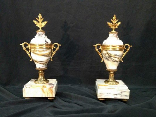 Small White Marble & Bronze Cassolettes, Set of 2-BA-697587