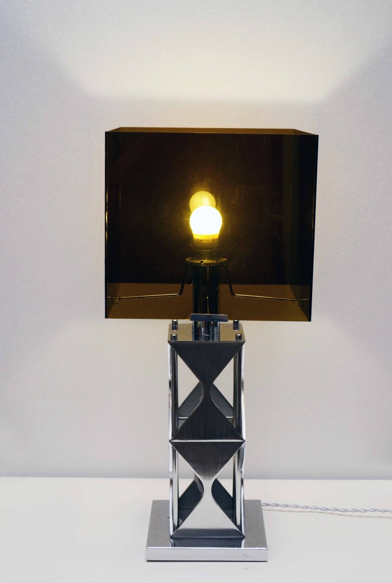 Smoked Acrylic Glass & Satin Steel Table Lamp, 1970s