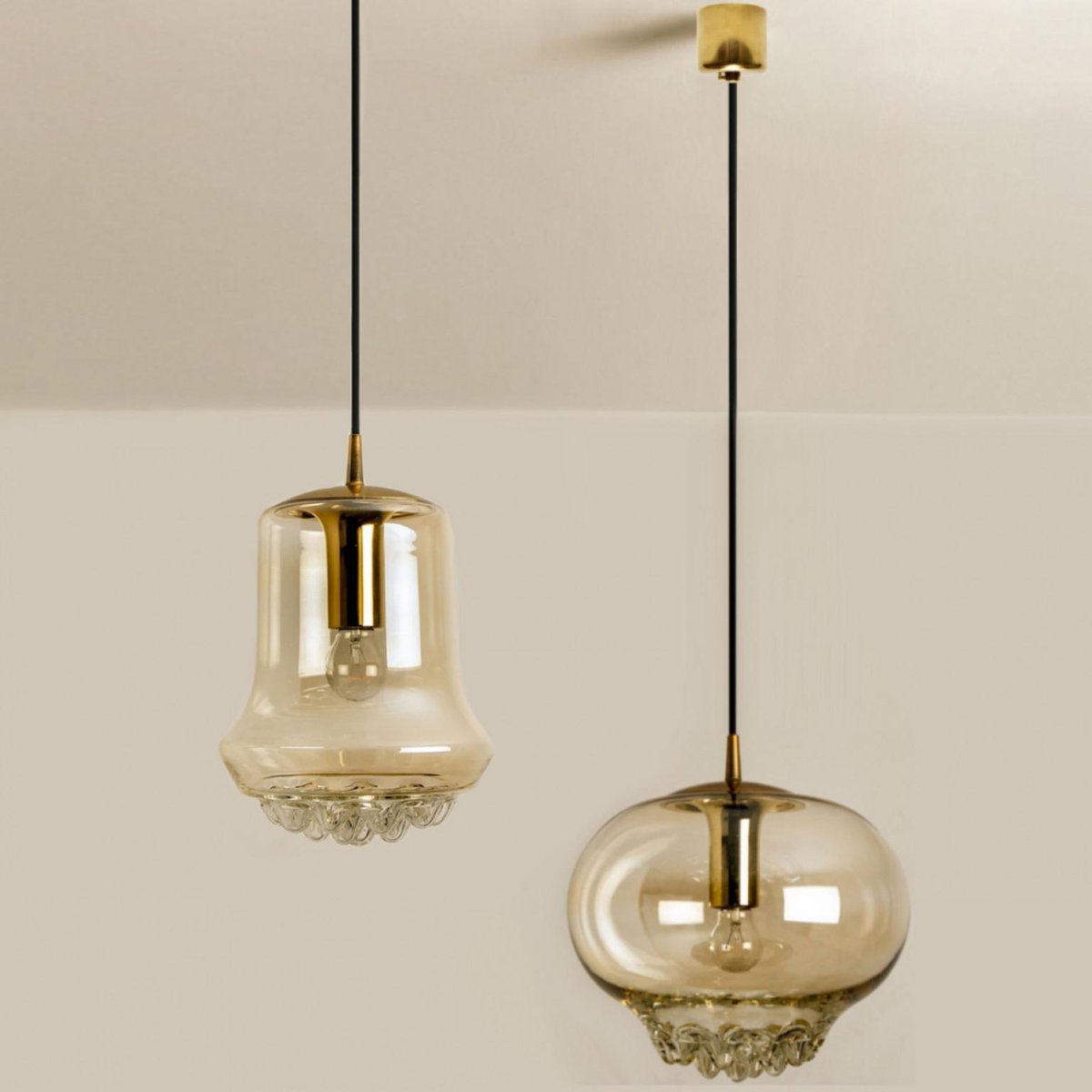 Smoked Brown Glass and Brass Pendant Lights attributed to Peill and Putzler, 1960s, Set of 2