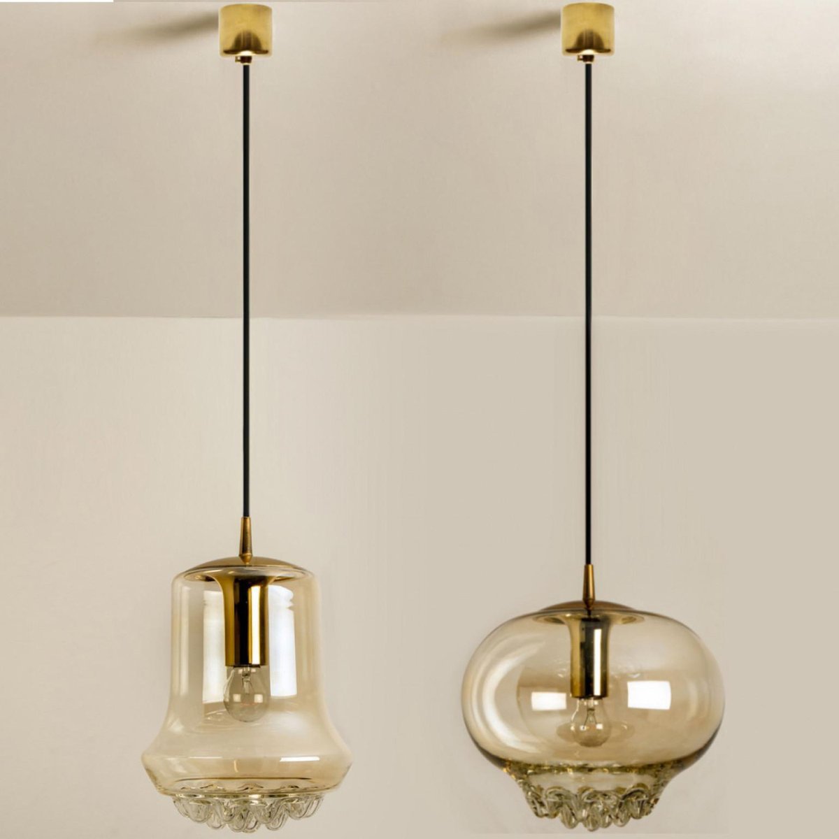 Smoked Brown Glass and Brass Pendant Lights attributed to Peill and Putzler, 1960s, Set of 2