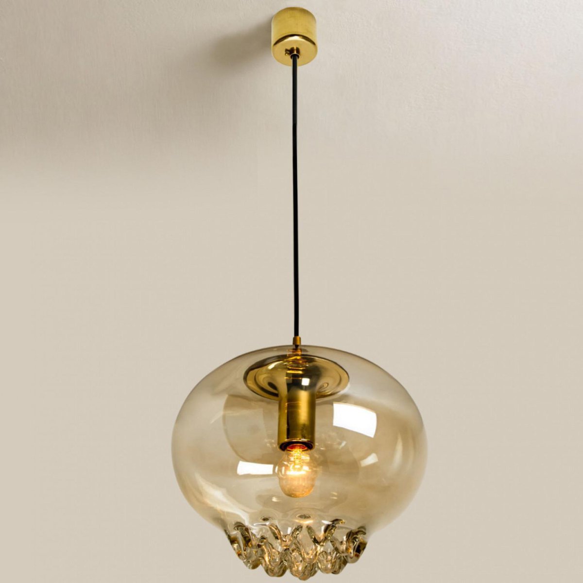 Smoked Brown Glass and Brass Pendant Lights attributed to Peill and Putzler, 1960s, Set of 2