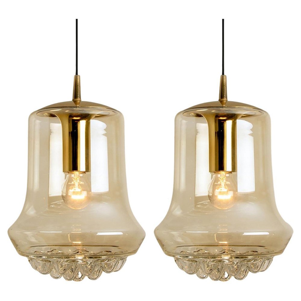 Smoked Brown Glass and Brass Pendant Lights attributed to Peill & Putzler, 1960s, Set of 2