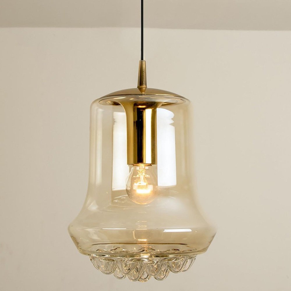 Smoked Brown Glass and Brass Pendant Lights attributed to Peill & Putzler, 1960s, Set of 2