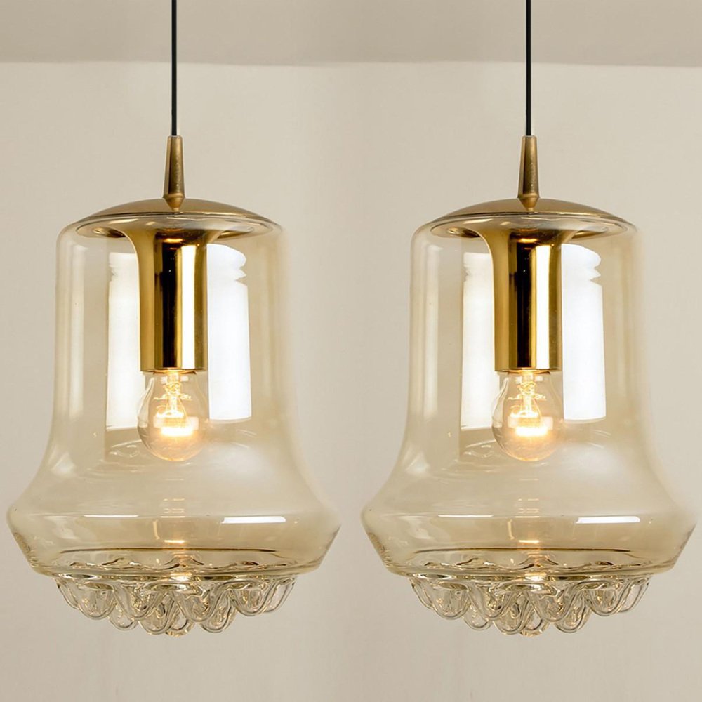 Smoked Brown Glass and Brass Pendant Lights attributed to Peill & Putzler, 1960s, Set of 2