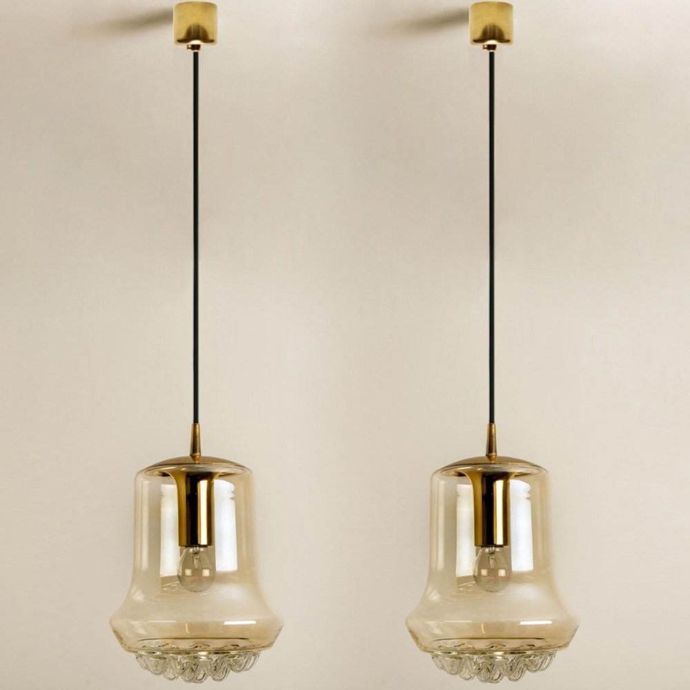 Smoked Brown Glass and Brass Pendant Lights attributed to Peill & Putzler, 1960s, Set of 2