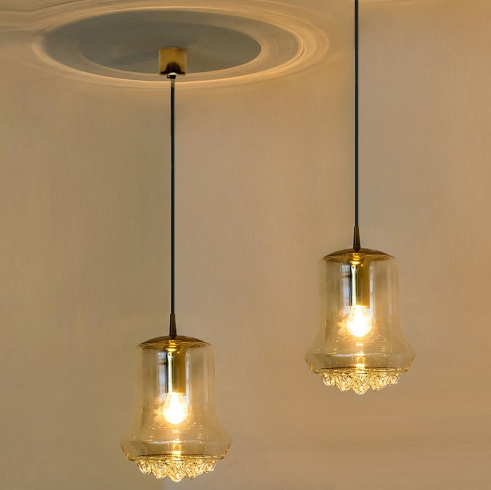 Smoked Brown Glass and Brass Pendant Lights attributed to Peill & Putzler, 1960s, Set of 2