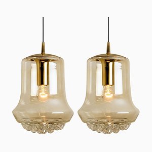 Smoked Brown Glass and Brass Pendant Lights attributed to Peill & Putzler, 1960s, Set of 2-VDW-1419005