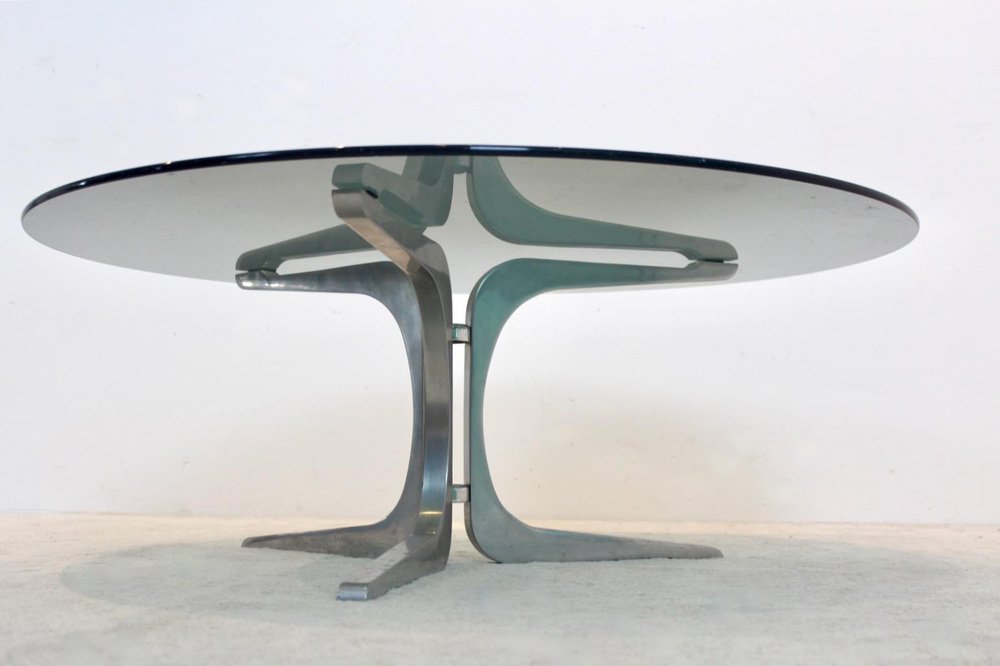 Smoked Glass and Aluminum Round Coffee Table by Geoffrey Harcourt for Artifort